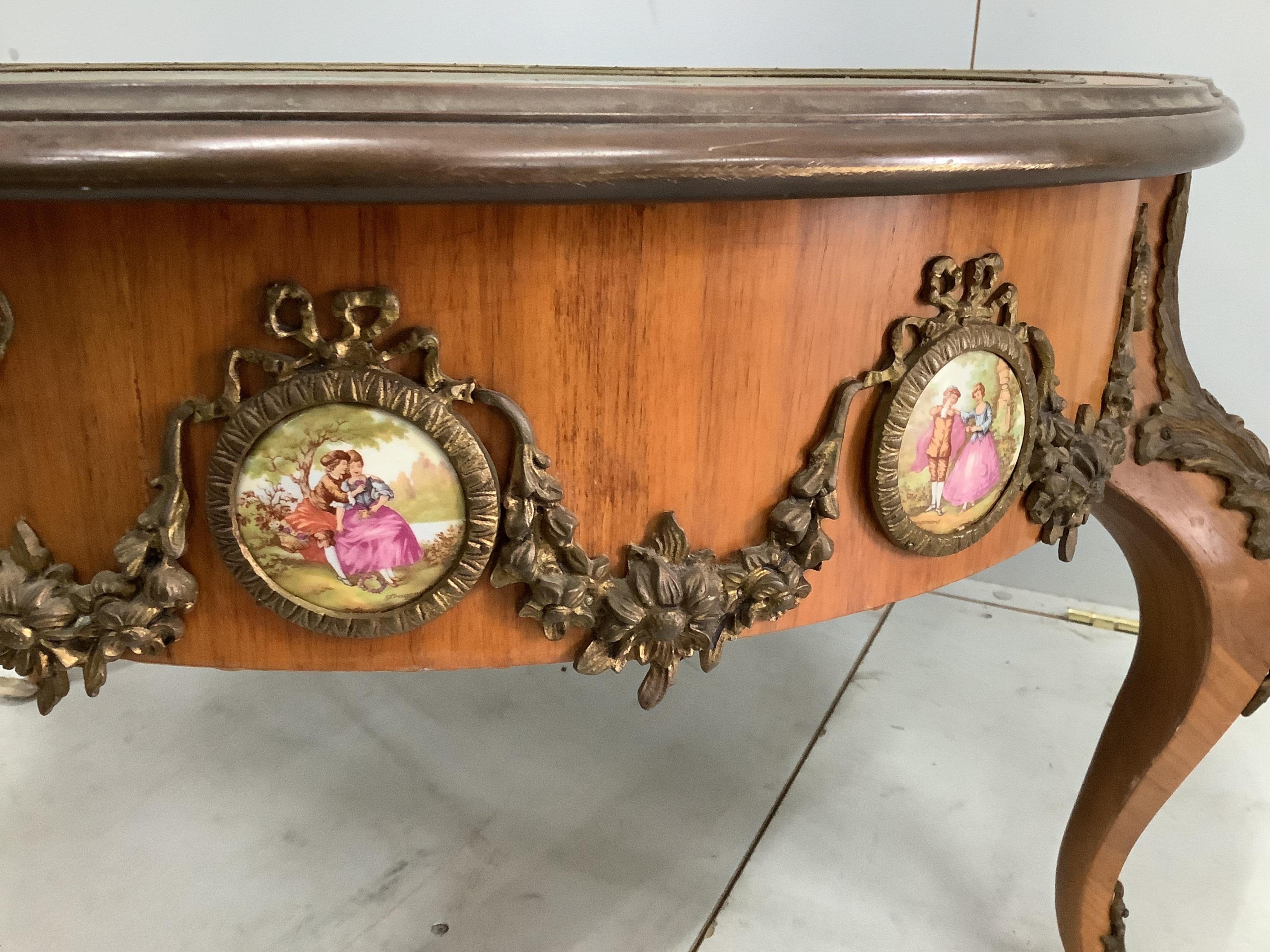 A French gilt metal mounted kingwood bijouterie table, width 95cm, height 48cm